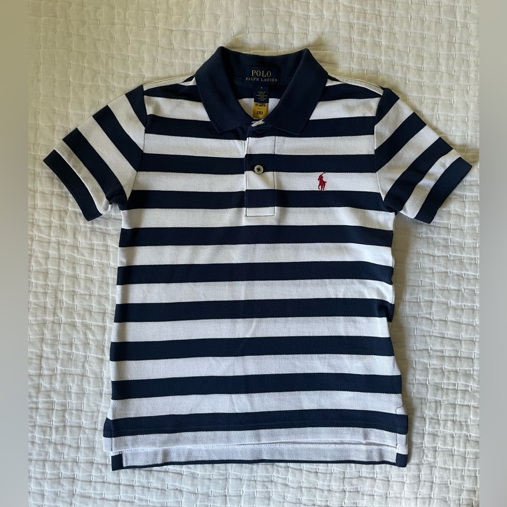 Ralph Lauren Polo Boys Navy & White Striped Logo Polo Shirt Size 4.
